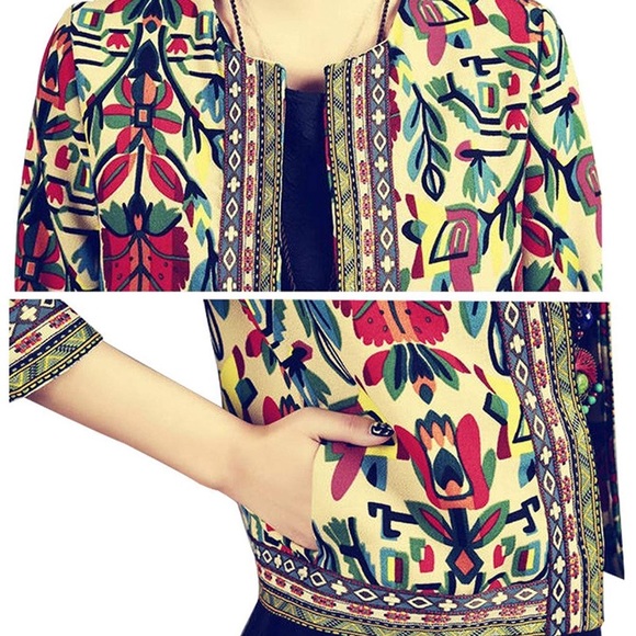 NWT 3/4 Sleeve Ethnic Print Flyaway Jacket - Picture 2 of 5